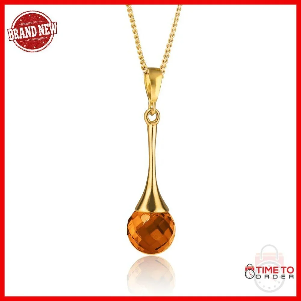 Natural Baltic Amber Teardrop Pendant Necklace Gold Plated Sterling Silver Chain